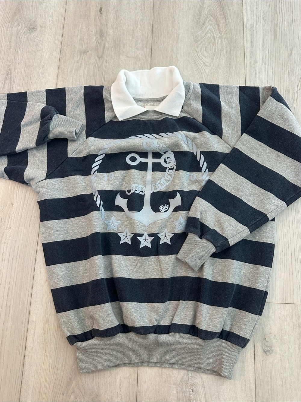 BDG Urban Outfitters Striped Rugby Sweatshirt Gray Navy Anchor Fleece Small